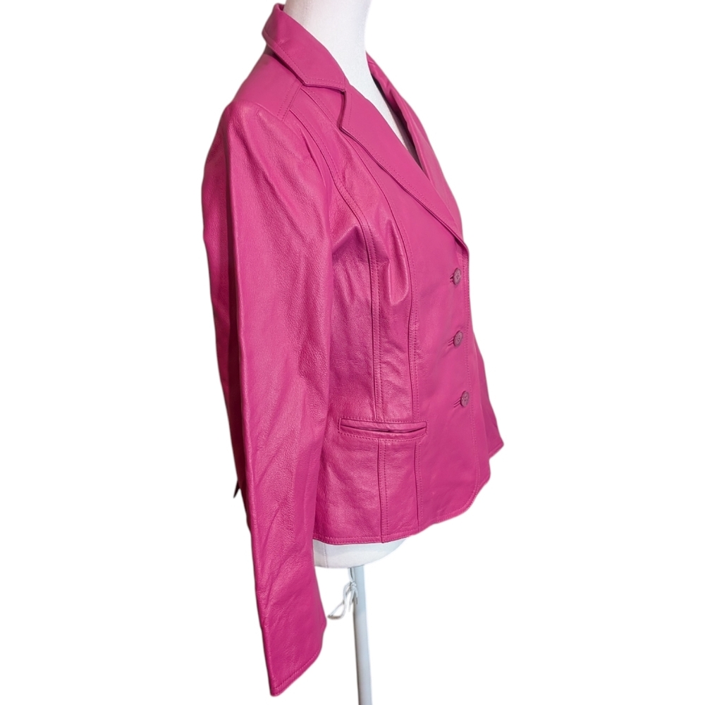 Vintage 90s Pamela McCoy Fuchsia Genuine Leather Jacket Blazer Style size Small - Picture 3 of 10